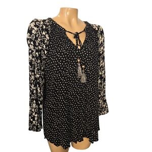 MASON & BELLE Black White Polka Dot Floral‎ Print Tie Neck Tassel Blouse X Large